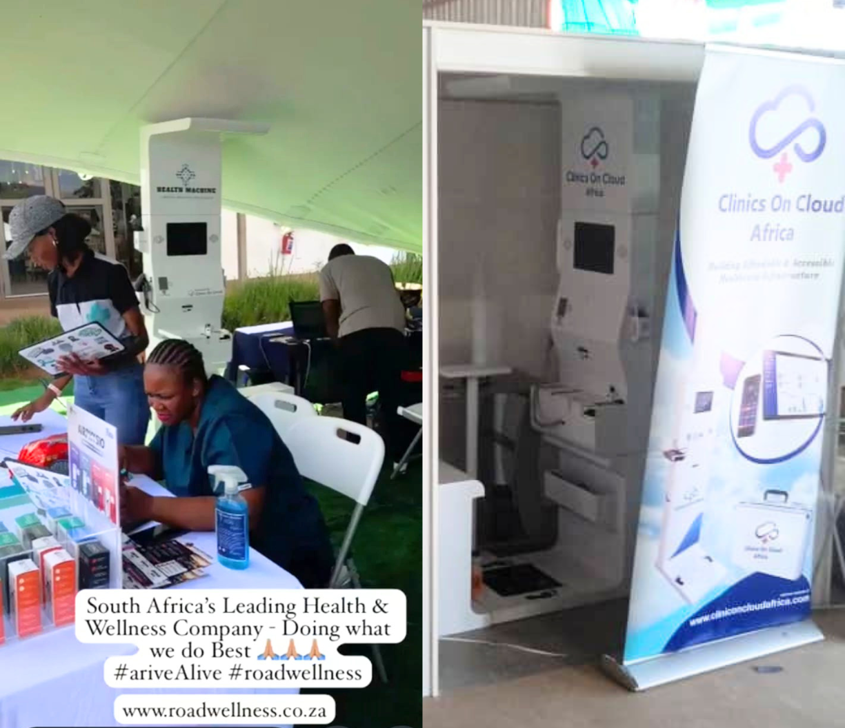 Health kiosk deployed at outdoor wellness event, part of Clinics On Cloud Africa's presence across the continent