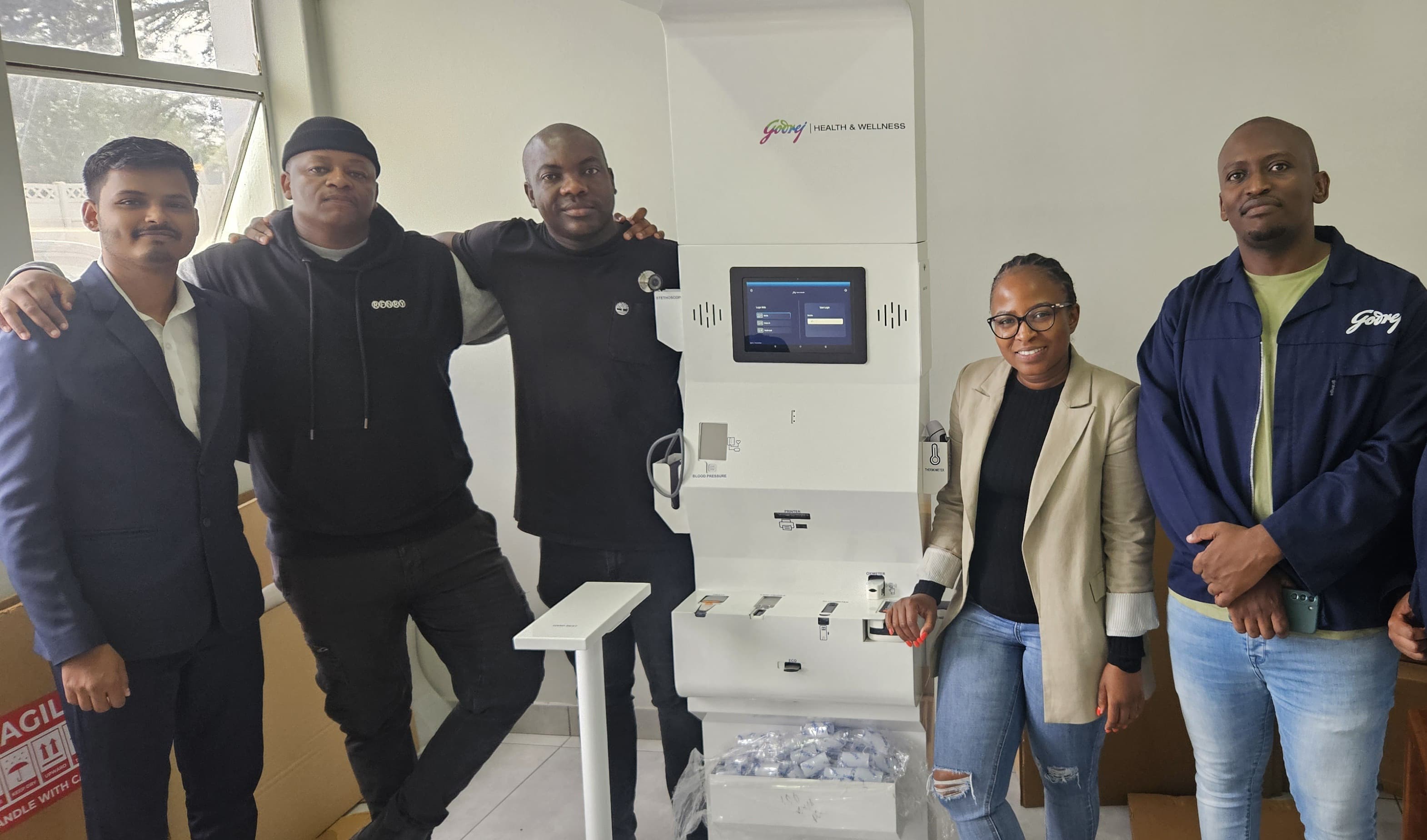 Health kiosk installation in Africa, expanding Clinics On Cloud's community screening presence on the continent