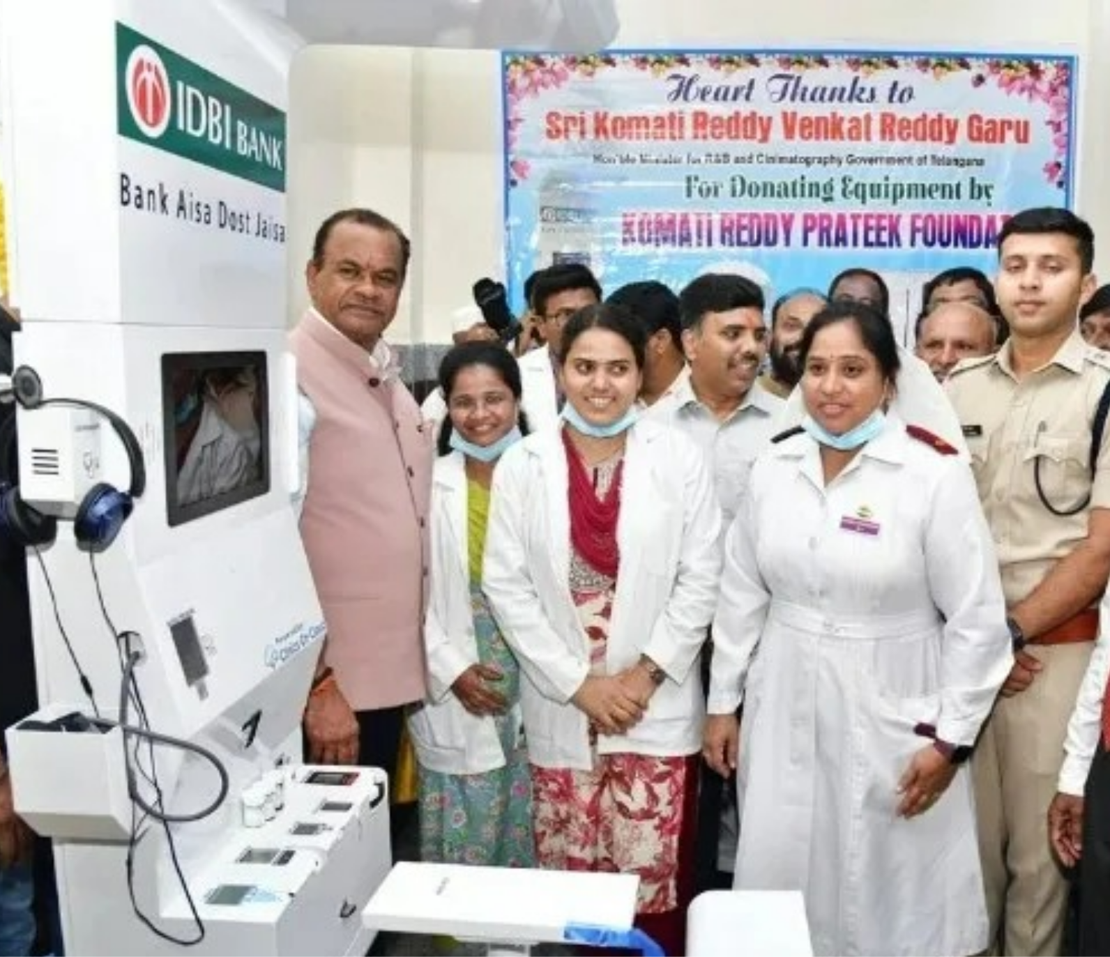 CSR-donated health kiosk handover with hospital staff and officials, part of Clinics On Cloud's Telangana presence