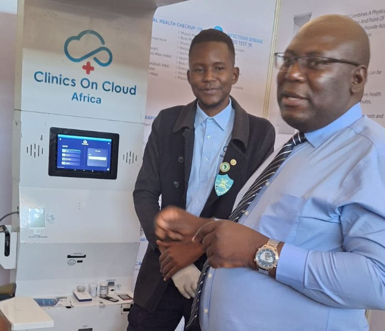 Clinics On Cloud Africa health kiosk deployment showcasing point-of-care checkup and infectious disease testing capabilities
